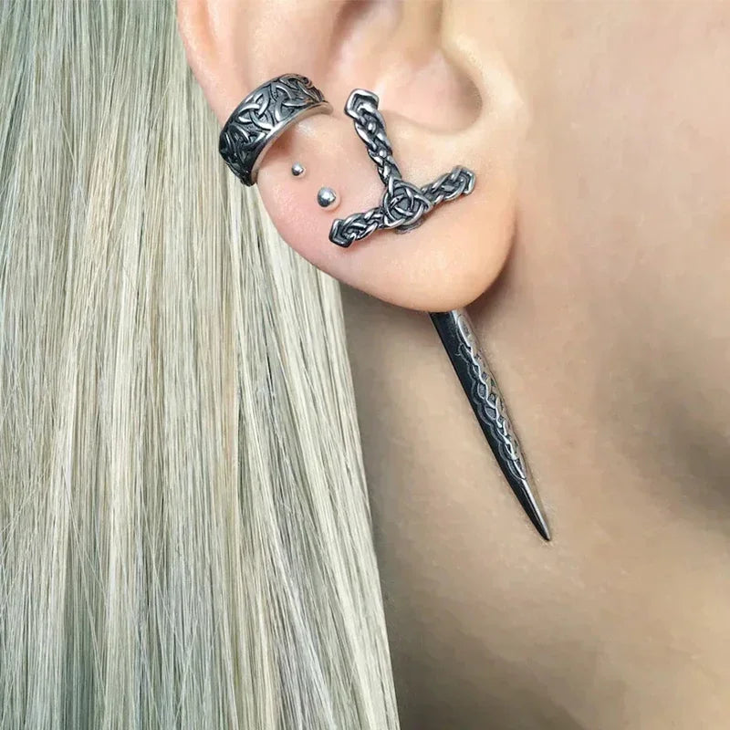 Steel Fun Jewelry Punk Sword Gothic Kinitial Piercing Earrings for Women&Men Goth Pattern Ear Jacket Dagger Stud Earring Jewelry