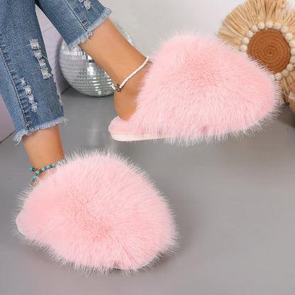 New Winter Women Fashion Fur Slippers Fluffy Cute Plush Women Luxury Outdoor Anti Slip Durable Flat Bottom Slippers Slides Women