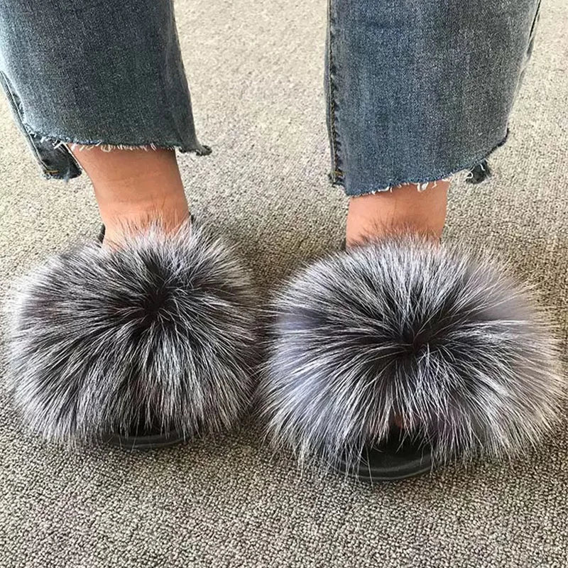 Natural fox fur slippers, fashionable outdoor multi-color animal hair slippers, women's gifts, soft EVA sole slippers,on trend