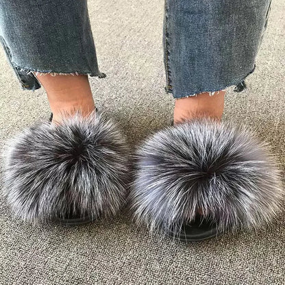Natural fox fur slippers, fashionable outdoor multi-color animal hair slippers, women's gifts, soft EVA sole slippers,on trend