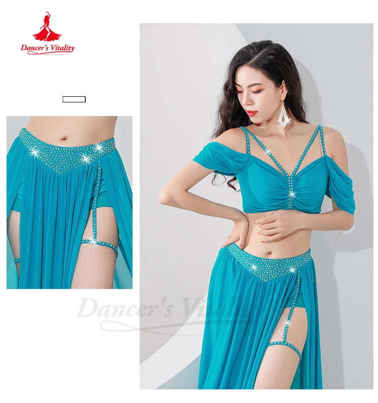 Belly Dance Professional Suit for Women Mesh Short Sleeves Top+sexy Split Long Skirt 2pcs Girl's Oriental Belly Dancing Suit