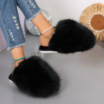 New Winter Women Fashion Fur Slippers Fluffy Cute Plush Women Luxury Outdoor Anti Slip Durable Flat Bottom Slippers Slides Women