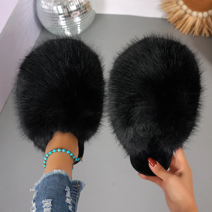 New Winter Women Fashion Fur Slippers Fluffy Cute Plush Women Luxury Outdoor Anti Slip Durable Flat Bottom Slippers Slides Women