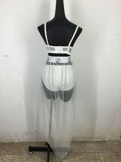 New Sexy Handmade DIY Sewing Top + Shorts + Gauze Skirt 3piece Set Nightclub DJ Singer Stage Costumes Women Summer Clothing