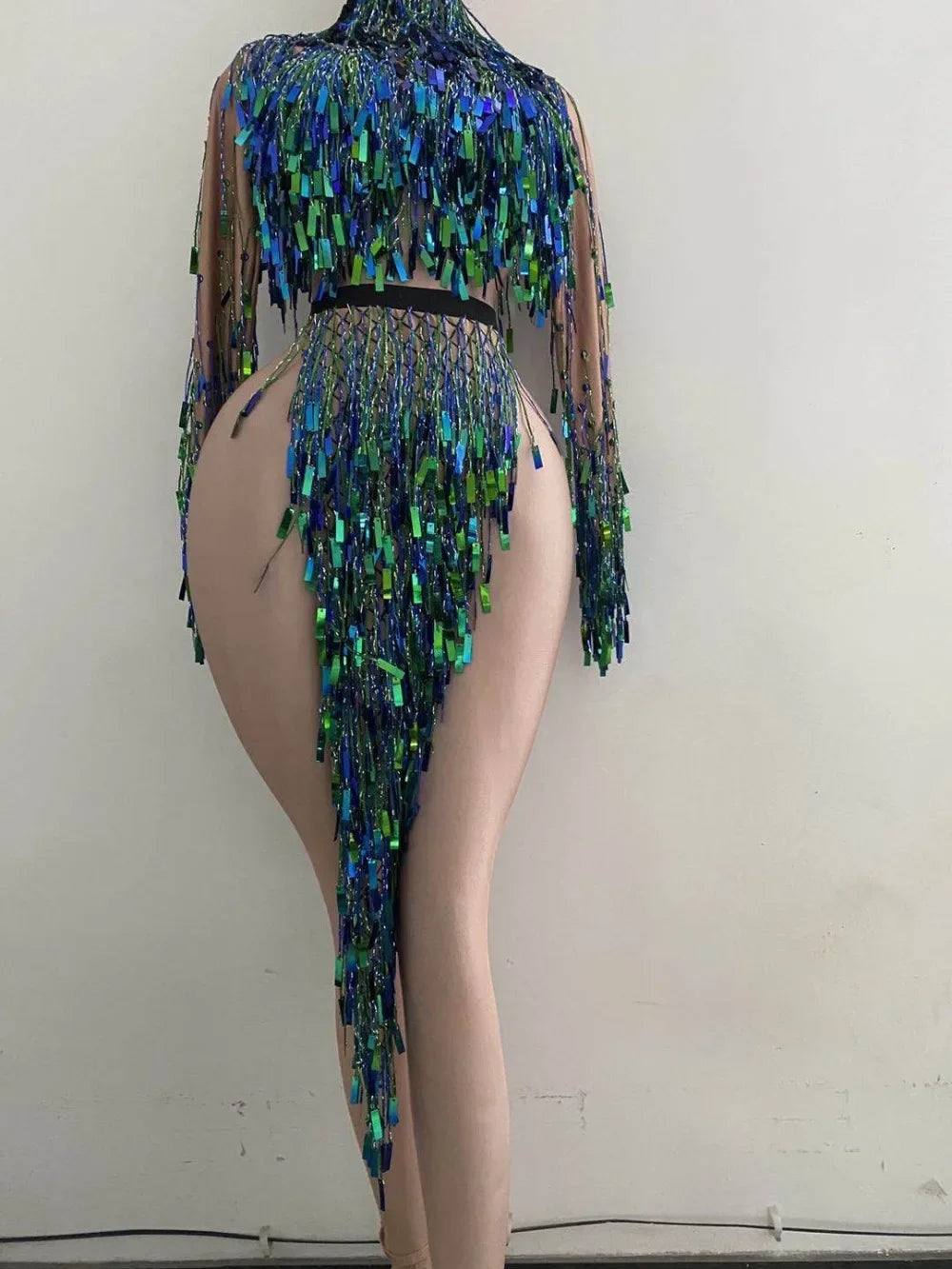Showgirl Performance Costumes Sexy Sequins Bare leg Dancer with Tassel Stage Dress Party Women Backless Nightclub Dress