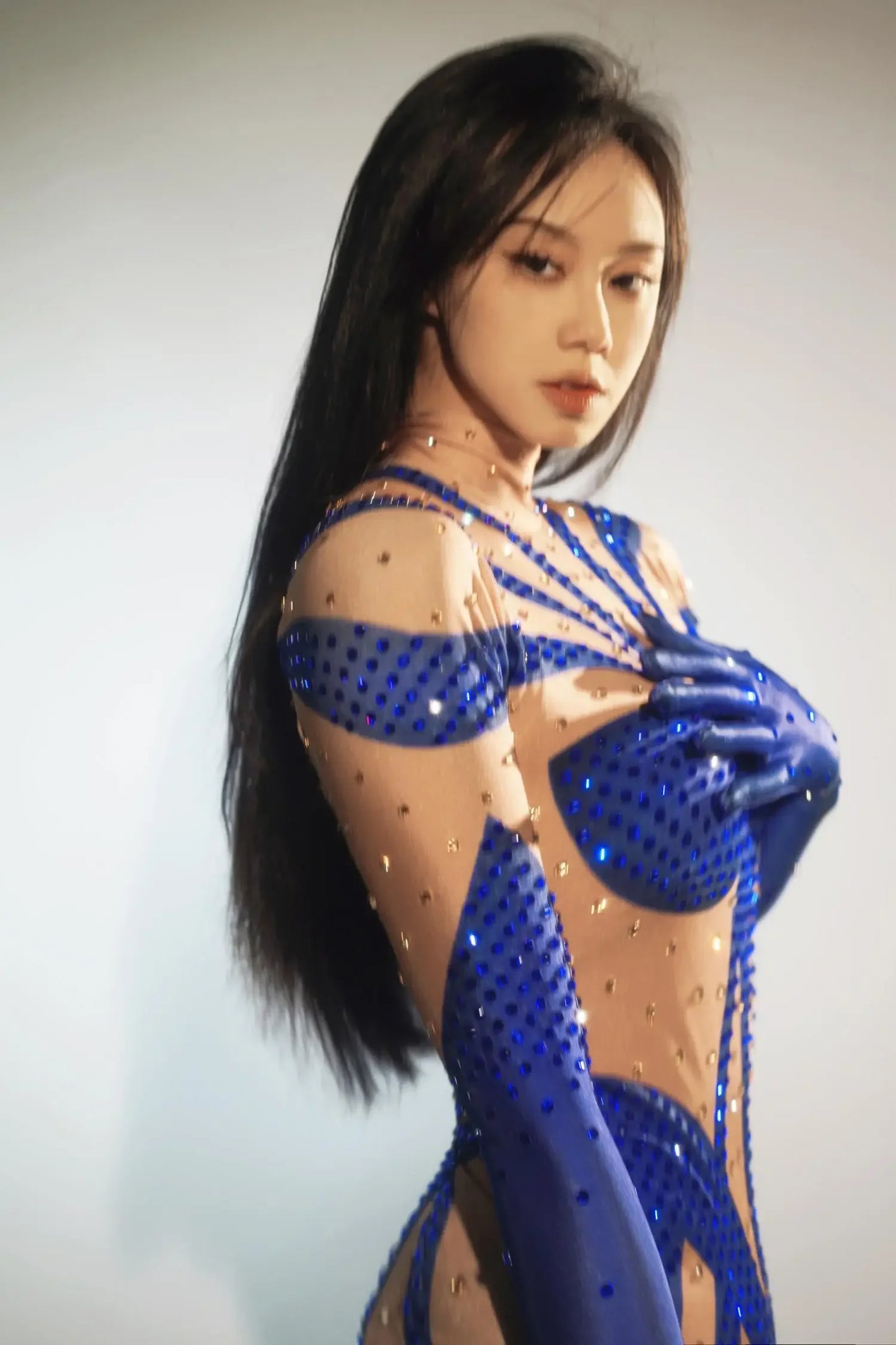 Blue Rhinestones Gloves Jumpsuit Women Print Birthday Party Pole Dance Clothes Nightclub Drag 1ueen Stage Show Wear Qingshuichi
