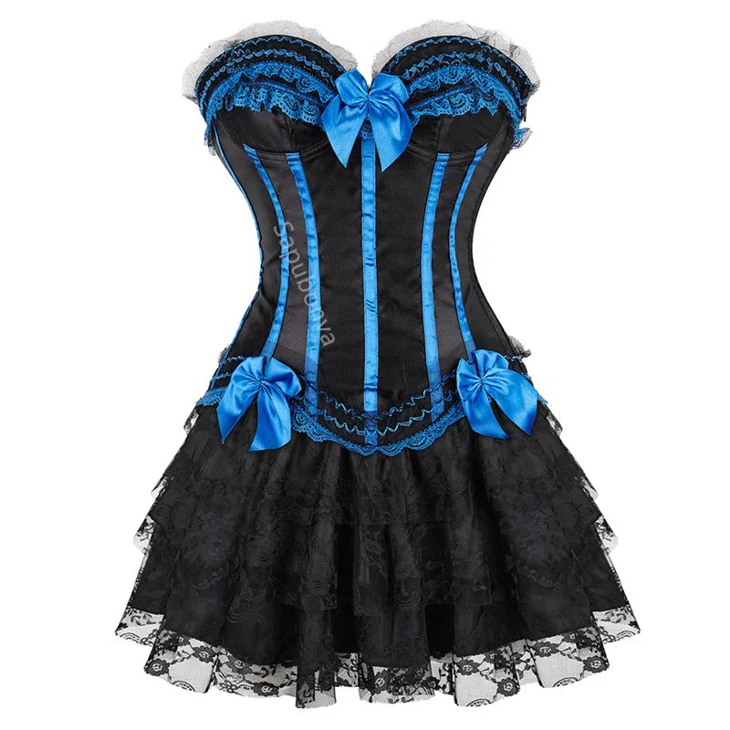 Corset Dress Bustier Skirt Tutu Set Stripe Lace Up Gothic Victorian Lolita Vintage Sexy Exotic Burlesque Korsett Plus Size