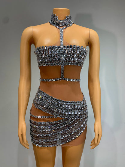 Women Sexy Mesh Perspective Backless Dress Female Singer Dancer Stage Performance Costume Club Birthday Evening Party Clothing