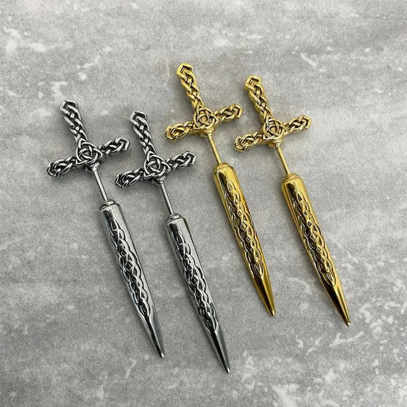 Steel Fun Jewelry Punk Sword Gothic Kinitial Piercing Earrings for Women&Men Goth Pattern Ear Jacket Dagger Stud Earring Jewelry