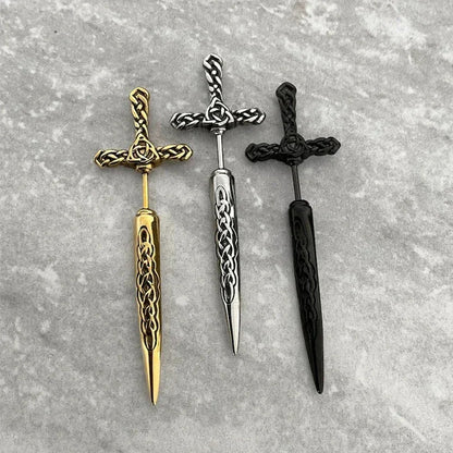 Steel Fun Jewelry Punk Sword Gothic Kinitial Piercing Earrings for Women&Men Goth Pattern Ear Jacket Dagger Stud Earring Jewelry