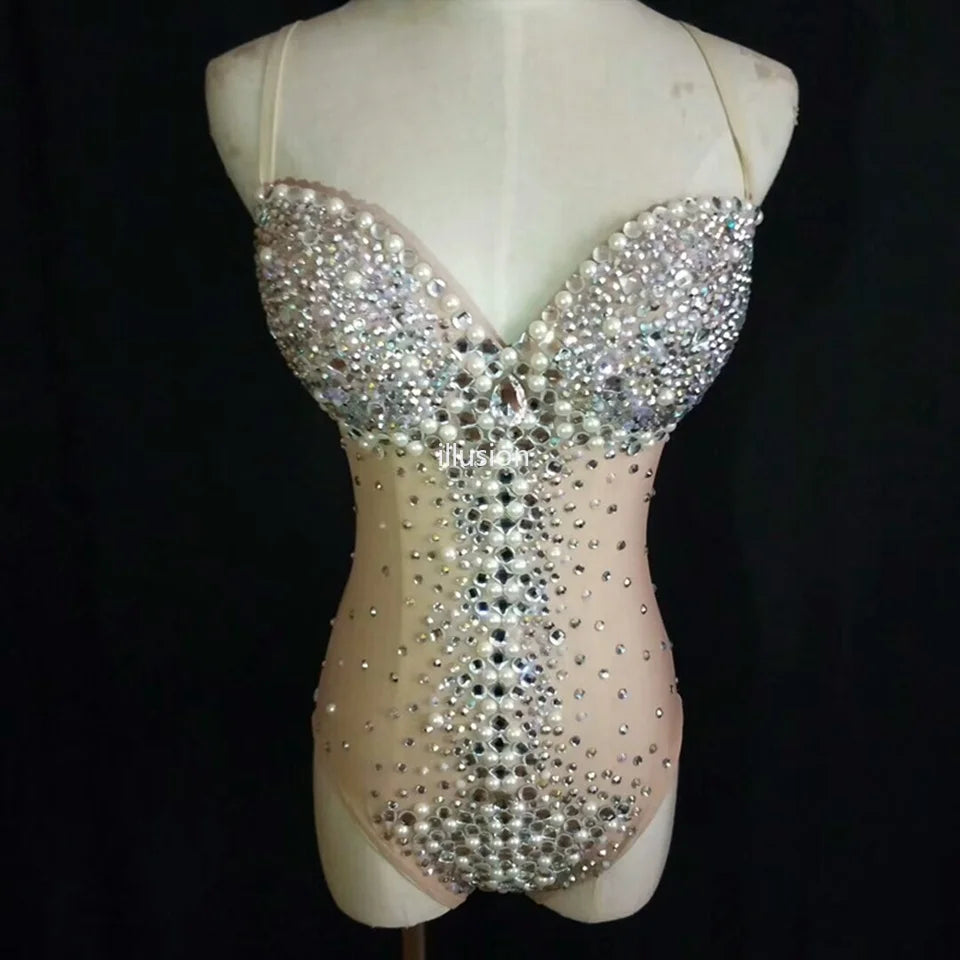 Sparkly Silver Crystals Leotard Sexy Mesh Club Outfit Celebrate Female Singer Dj Rhinestones Bodysuit Dance Costume Stage Wear