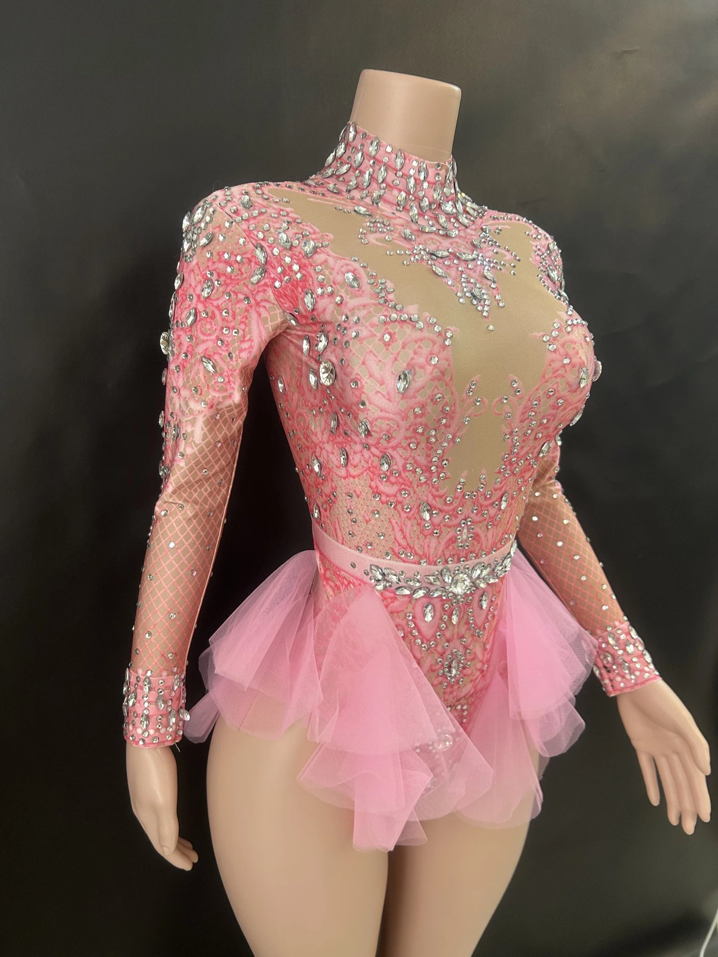 Sparkly Rhinestones Bodysuit Women ElasticPink Mesh Ruffles Crystal Leotard NightclubDancer Costume Stage Wear Party Outfit 7G