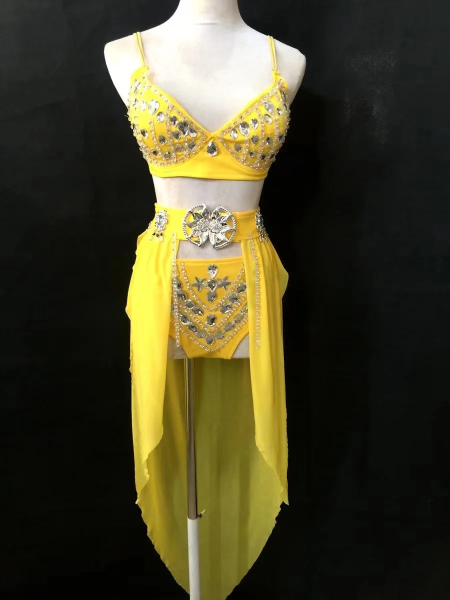 New Sexy Handmade DIY Sewing Top + Shorts + Gauze Skirt 3piece Set Nightclub DJ Singer Stage Costumes Women Summer Clothing