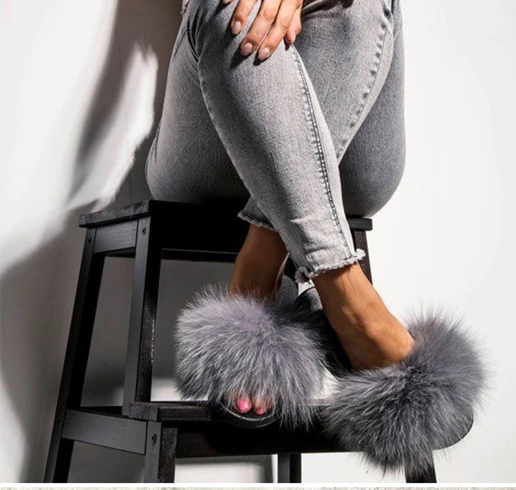 Natural fox fur slippers, fashionable outdoor multi-color animal hair slippers, women's gifts, soft EVA sole slippers,on trend