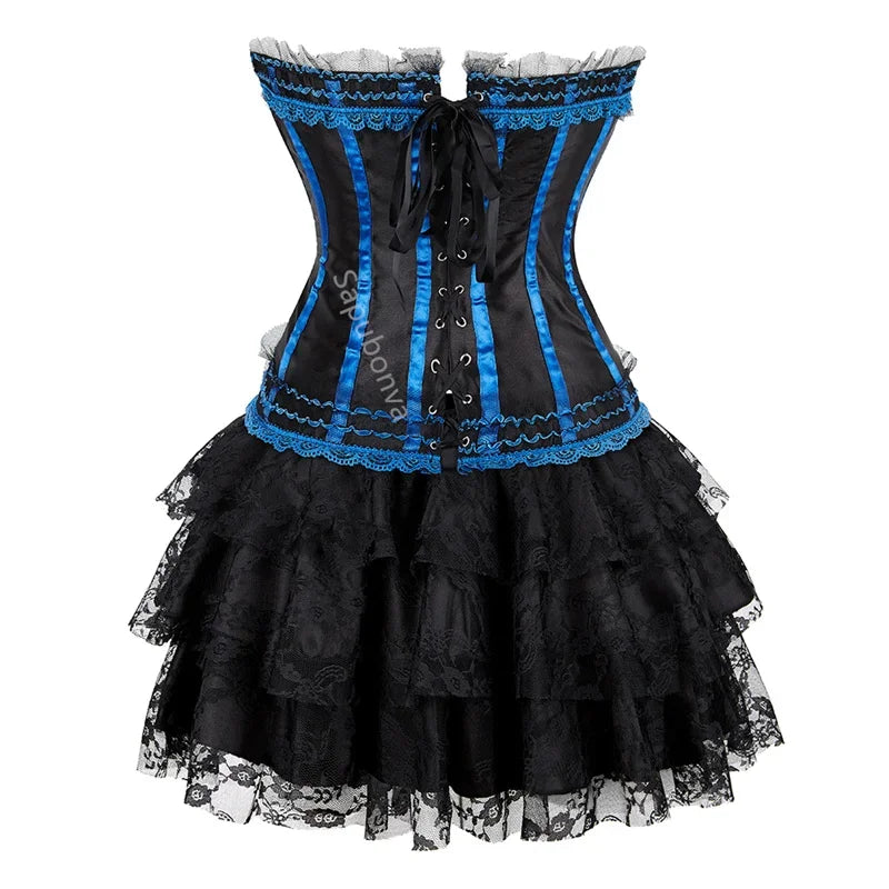 Corset Dress Bustier Skirt Tutu Set Stripe Lace Up Gothic Victorian Lolita Vintage Sexy Exotic Burlesque Korsett Plus Size