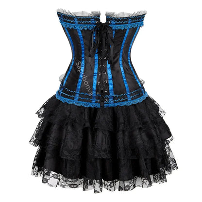 Corset Dress Bustier Skirt Tutu Set Stripe Lace Up Gothic Victorian Lolita Vintage Sexy Exotic Burlesque Korsett Plus Size