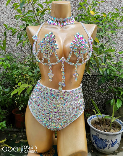 Belly Dancing Wire Bra Top High Waist Pants Samba Carnival Costume Set Hot Girl Nightclub Stage Dancer Wear festival outfit