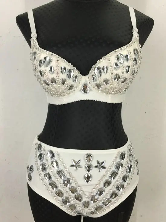 New Sexy Handmade DIY Sewing Top + Shorts + Gauze Skirt 3piece Set Nightclub DJ Singer Stage Costumes Women Summer Clothing