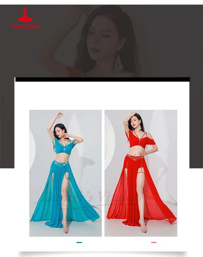 Belly Dance Professional Suit for Women Mesh Short Sleeves Top+sexy Split Long Skirt 2pcs Girl's Oriental Belly Dancing Suit
