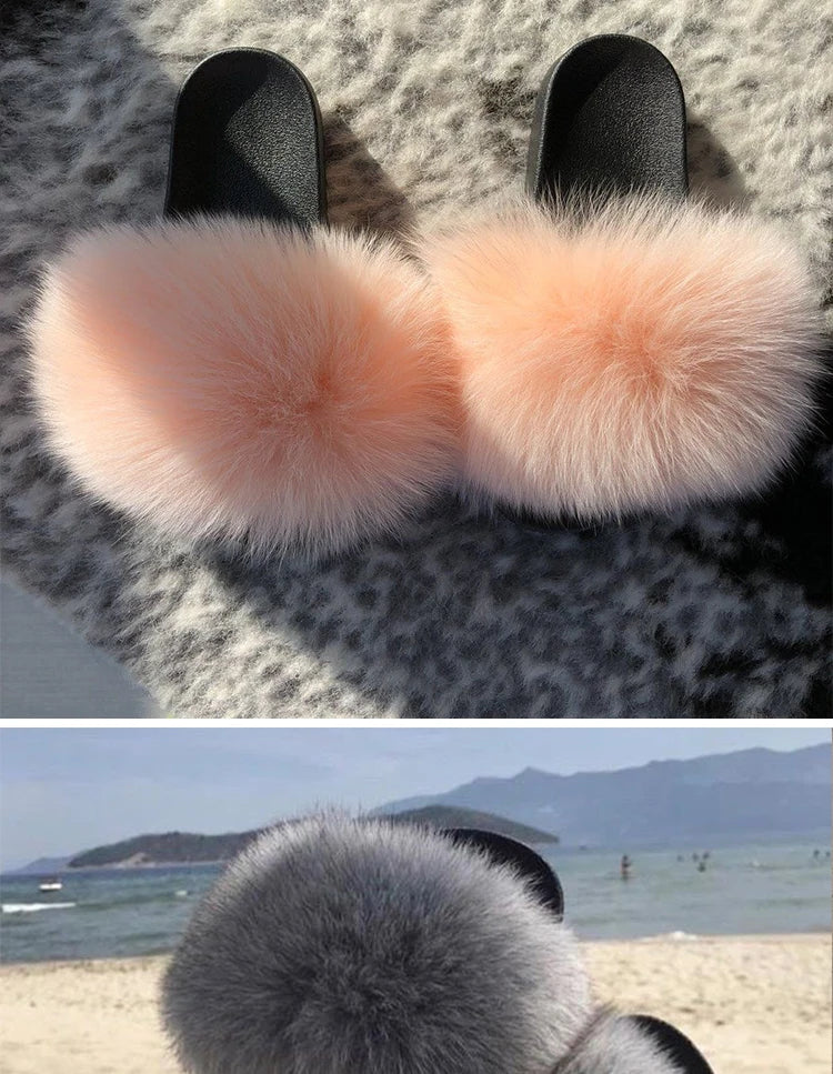 Natural fox fur slippers, fashionable outdoor multi-color animal hair slippers, women's gifts, soft EVA sole slippers,on trend
