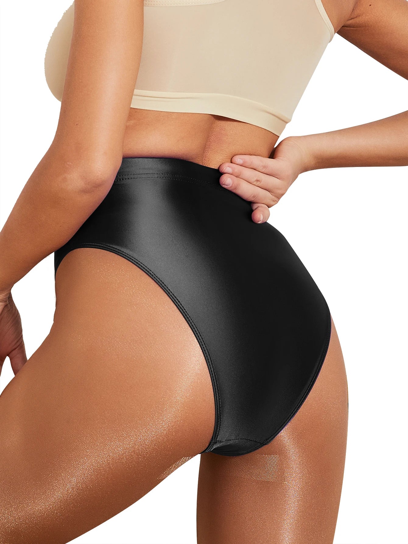WOMEN sexy gloss briefs Bikinis tight High waisted fork elasticity Hip lifting swimming trunks Oily smooth MEN underwear