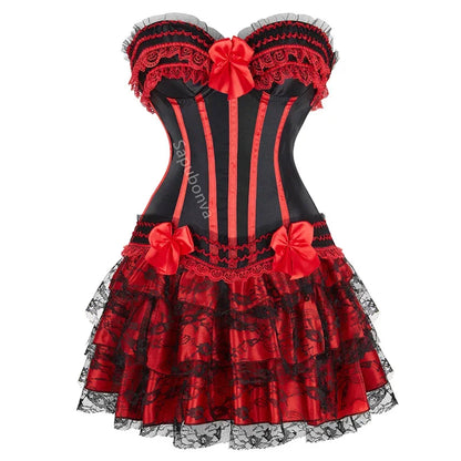 Corset Dress Bustier Skirt Tutu Set Stripe Lace Up Gothic Victorian Lolita Vintage Sexy Exotic Burlesque Korsett Plus Size