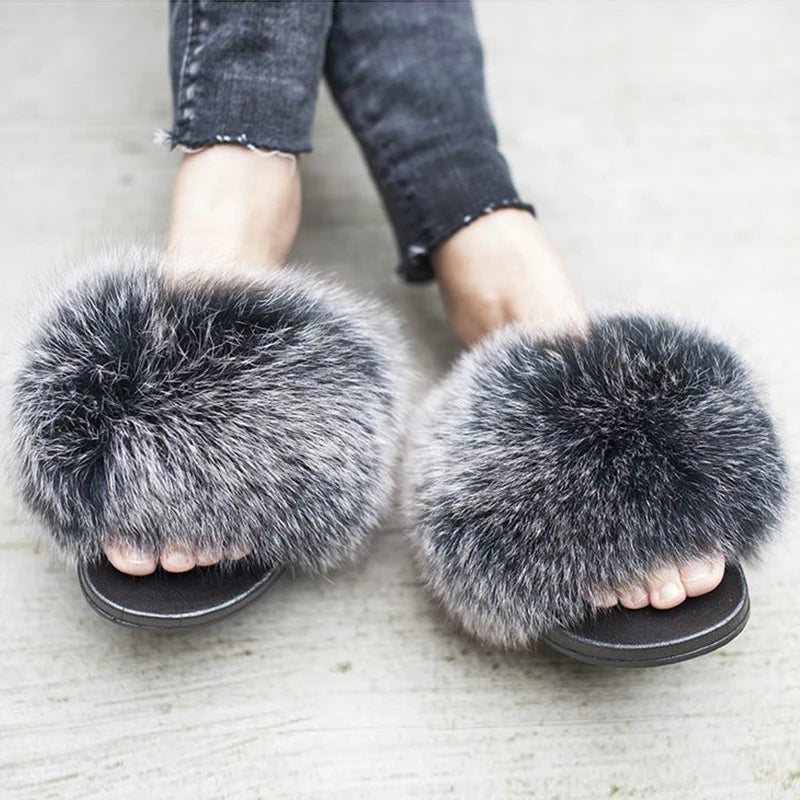 Natural fox fur slippers, fashionable outdoor multi-color animal hair slippers, women's gifts, soft EVA sole slippers,on trend
