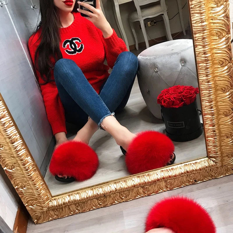 Natural fox fur slippers, fashionable outdoor multi-color animal hair slippers, women's gifts, soft EVA sole slippers,on trend
