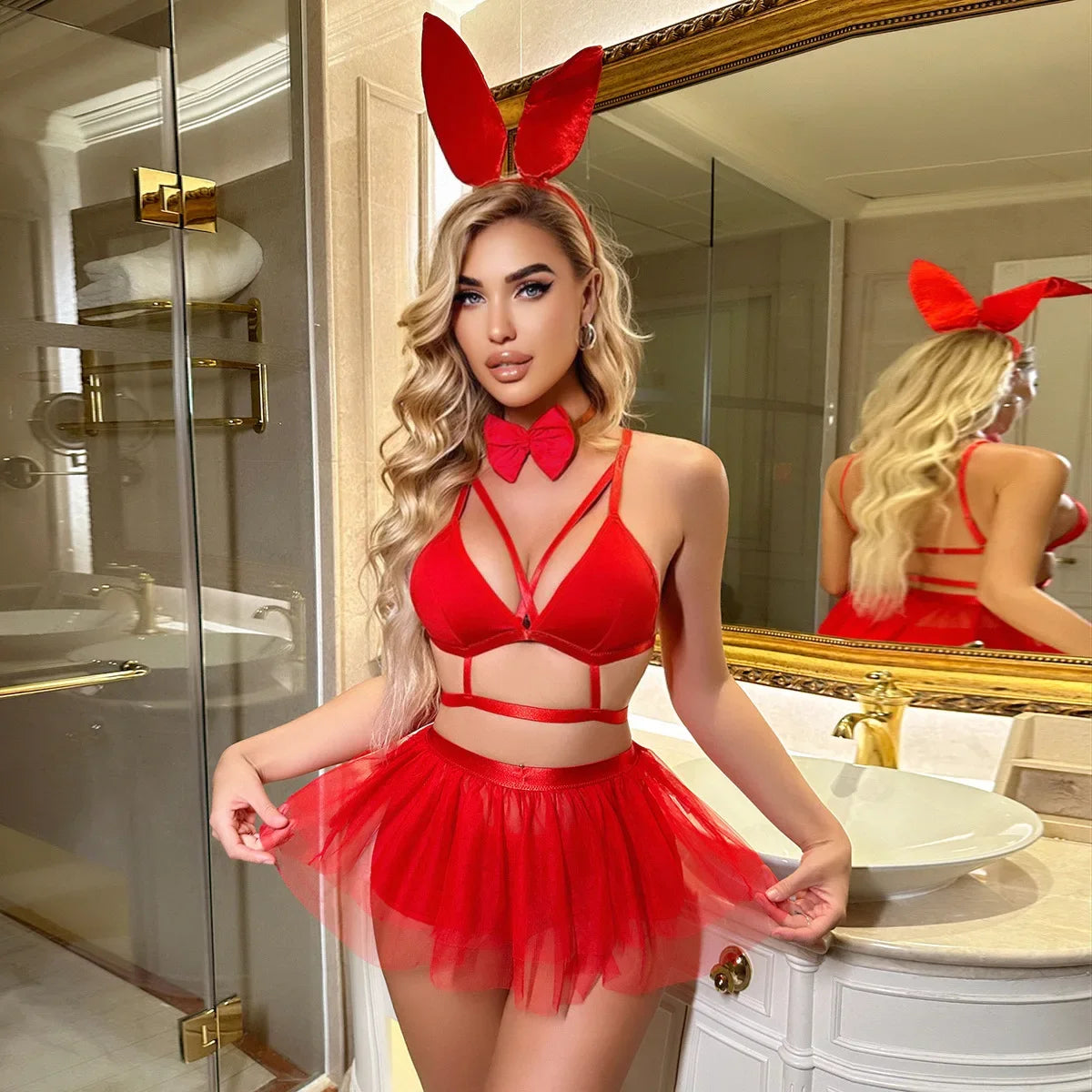 5 Piece Lingerie Set Bunny Pink Sexy Tutu Skirt Bright Exotic Sets Lace Nightclub Underwear Pole Dancing Ruffle Outfit