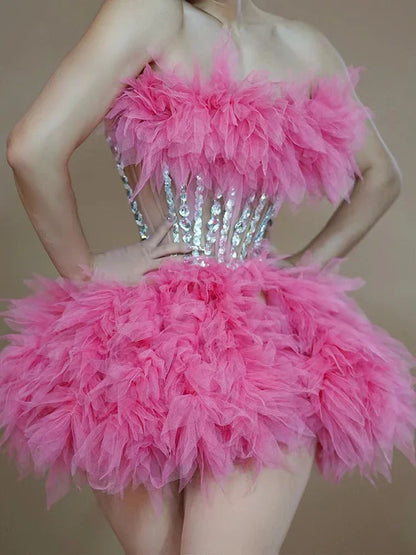 Sparkly Rhinestones Sequins Tube Tutu Mesh Dresses for Women Sexy Birthday Party Prom Evening Dress Photo Shoot Wear