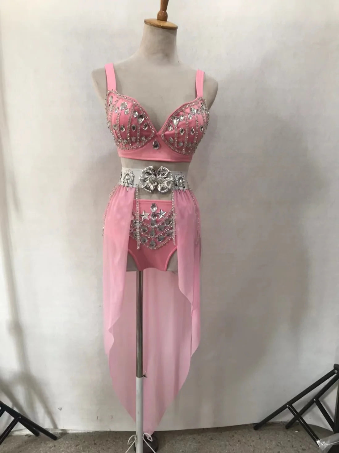 New Sexy Handmade DIY Sewing Top + Shorts + Gauze Skirt 3piece Set Nightclub DJ Singer Stage Costumes Women Summer Clothing