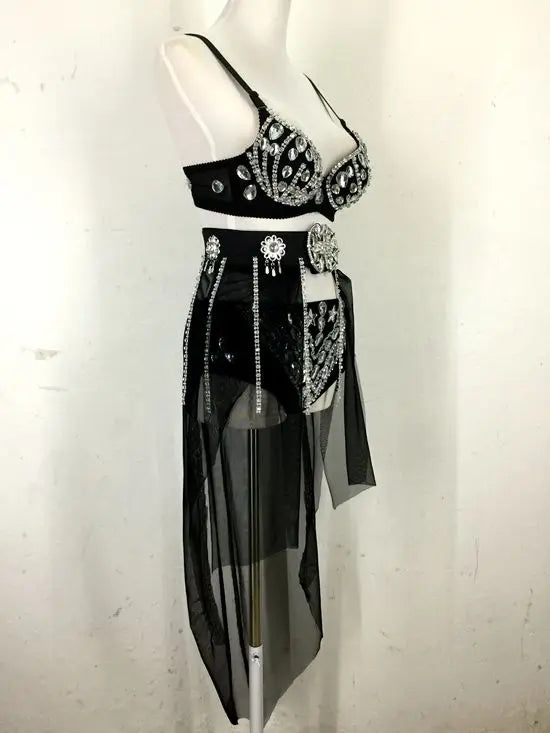 New Sexy Handmade DIY Sewing Top + Shorts + Gauze Skirt 3piece Set Nightclub DJ Singer Stage Costumes Women Summer Clothing