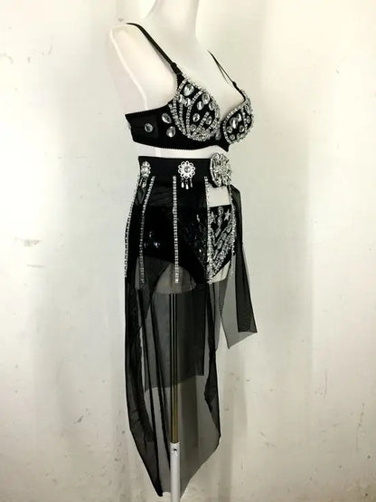 New Sexy Handmade DIY Sewing Top + Shorts + Gauze Skirt 3piece Set Nightclub DJ Singer Stage Costumes Women Summer Clothing