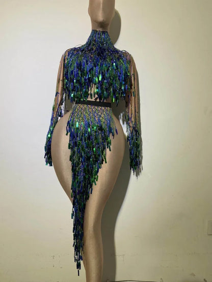 Showgirl Performance Costumes Sexy Sequins Bare leg Dancer with Tassel Stage Dress Party Women Backless Nightclub Dress