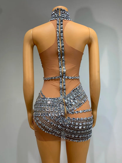 Women Sexy Mesh Perspective Backless Dress Female Singer Dancer Stage Performance Costume Club Birthday Evening Party Clothing
