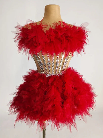 Sparkly Rhinestones Sequins Tube Tutu Mesh Dresses for Women Sexy Birthday Party Prom Evening Dress Photo Shoot Wear