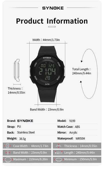 SYNOKE Student Electronic Watch Unisex Sport Watch Multifunction Military Sports Waterproof Luminous LED Digital Men Big Dial