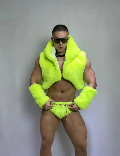 Adult Male Pole Dance Costume Fluorescent Green Sexy Imitation Fur Outfit Nightclub Gogo Dance Clothes Dj Ds Dancer Wear yj976