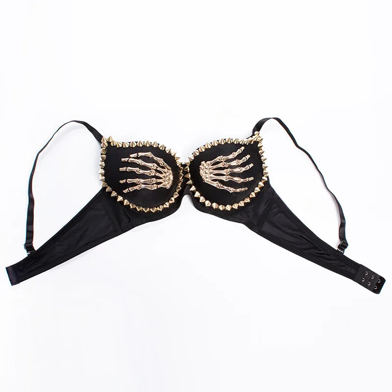 Black/Gold Rivets & Skeleton Hands Fashion Push Up Bras For Women Sexy Bralette Top y2k Goth Punk Bra Club Party Pole Dance Wear