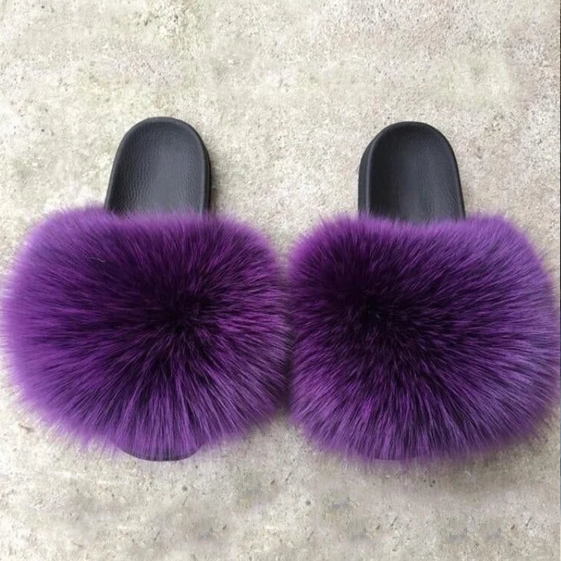 Natural fox fur slippers, fashionable outdoor multi-color animal hair slippers, women's gifts, soft EVA sole slippers,on trend