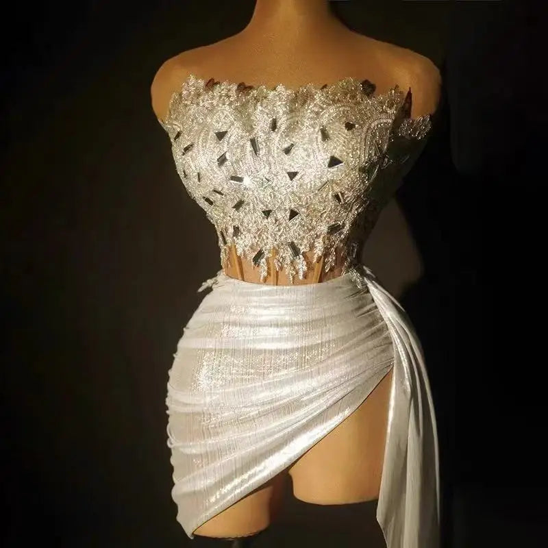 Women Crystals Stunning Stage Wear Dancer Singer Las Vegas Showgirl Drag Queen Outfit Night Clubbing Mesh Short Dress