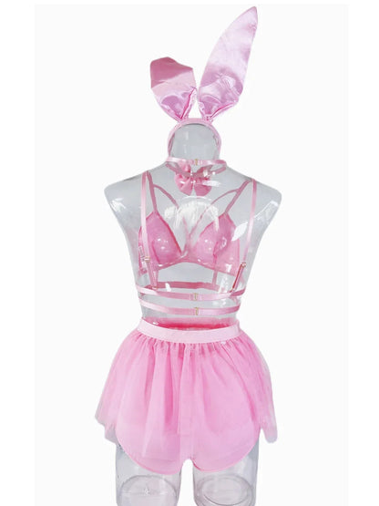 5 Piece Lingerie Set Bunny Pink Sexy Tutu Skirt Bright Exotic Sets Lace Nightclub Underwear Pole Dancing Ruffle Outfit