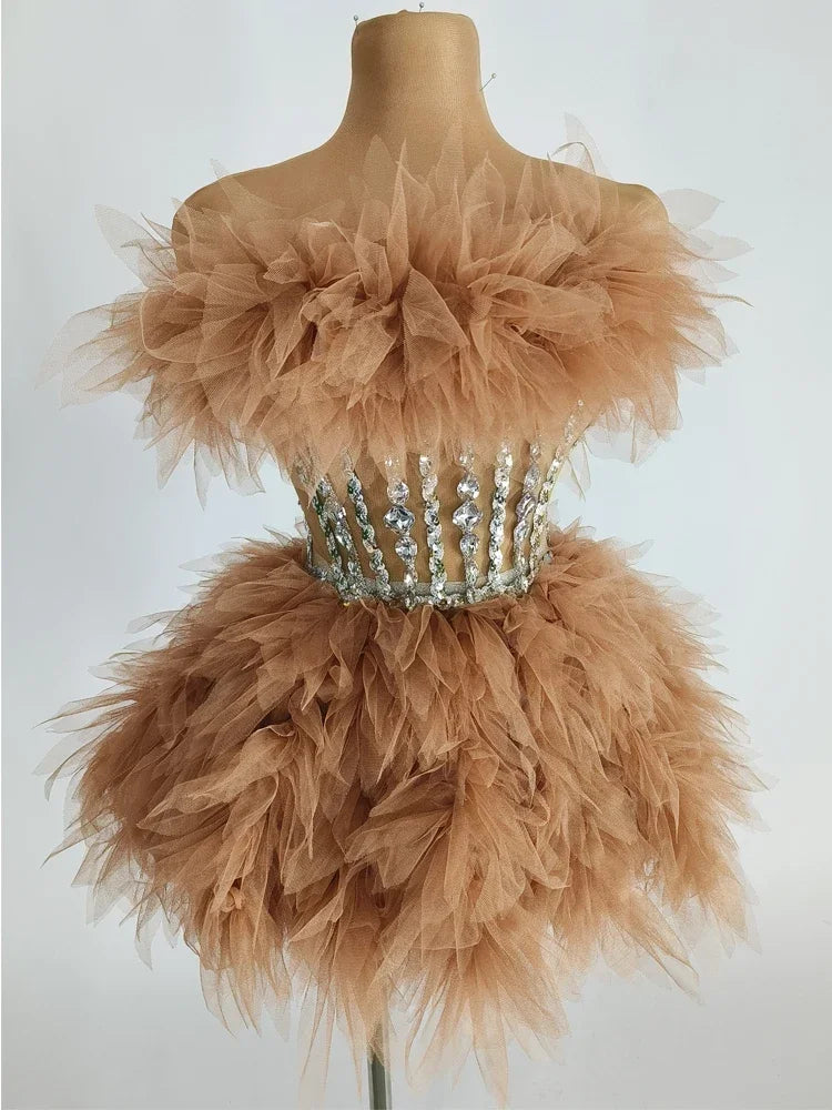 Sparkly Rhinestones Sequins Tube Tutu Mesh Dresses for Women Sexy Birthday Party Prom Evening Dress Photo Shoot Wear