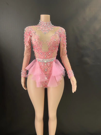 Sparkly Rhinestones Bodysuit Women ElasticPink Mesh Ruffles Crystal Leotard NightclubDancer Costume Stage Wear Party Outfit 7G