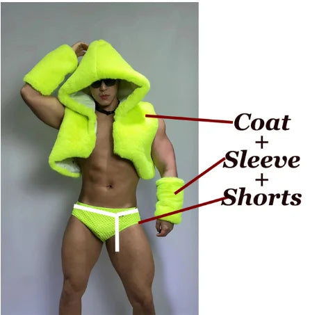 Adult Male Pole Dance Costume Fluorescent Green Sexy Imitation Fur Outfit Nightclub Gogo Dance Clothes Dj Ds Dancer Wear yj976