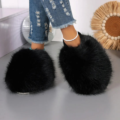 New Winter Women Fashion Fur Slippers Fluffy Cute Plush Women Luxury Outdoor Anti Slip Durable Flat Bottom Slippers Slides Women