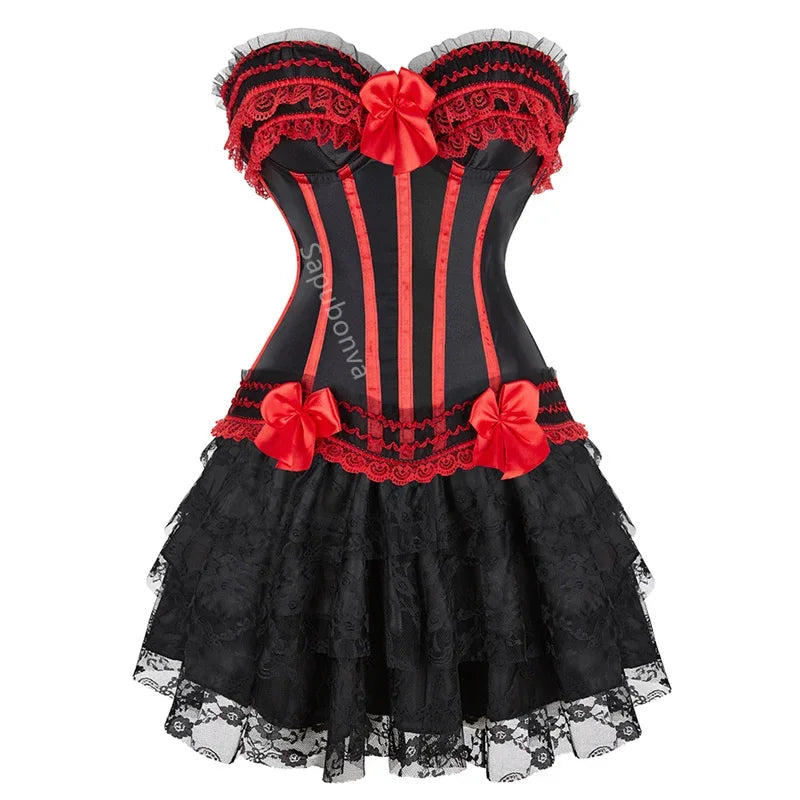 Corset Dress Bustier Skirt Tutu Set Stripe Lace Up Gothic Victorian Lolita Vintage Sexy Exotic Burlesque Korsett Plus Size