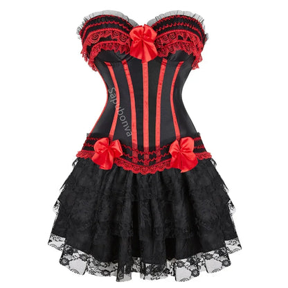Corset Dress Bustier Skirt Tutu Set Stripe Lace Up Gothic Victorian Lolita Vintage Sexy Exotic Burlesque Korsett Plus Size