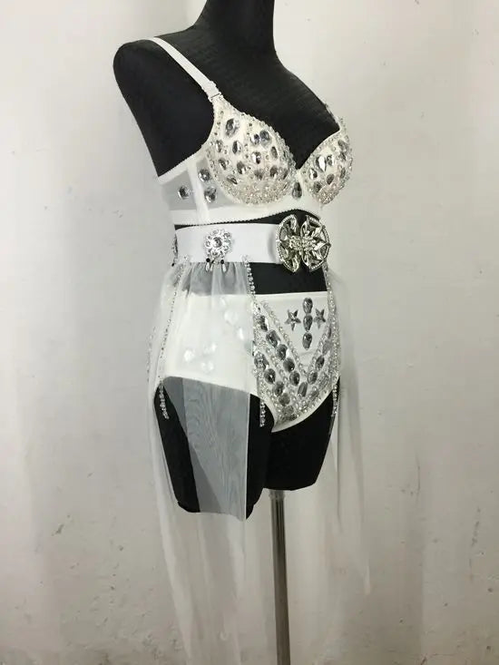 New Sexy Handmade DIY Sewing Top + Shorts + Gauze Skirt 3piece Set Nightclub DJ Singer Stage Costumes Women Summer Clothing