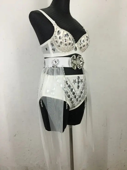 New Sexy Handmade DIY Sewing Top + Shorts + Gauze Skirt 3piece Set Nightclub DJ Singer Stage Costumes Women Summer Clothing